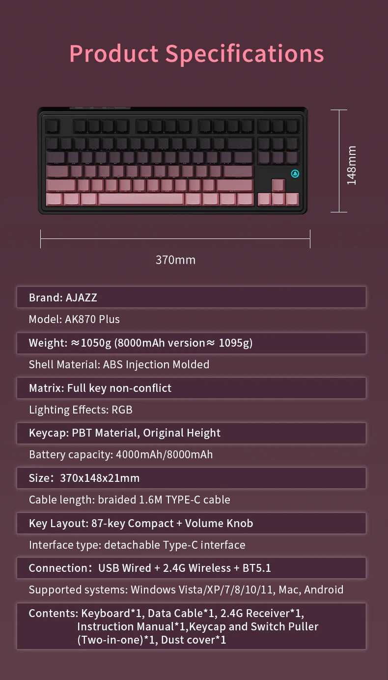 AJAZZ AK870 Plus 87-Key Wireless Mechanical Keyboard RGB Hot Swap Bluetooth Gaming Keyboard Multi-function Knob for Laptop PC
