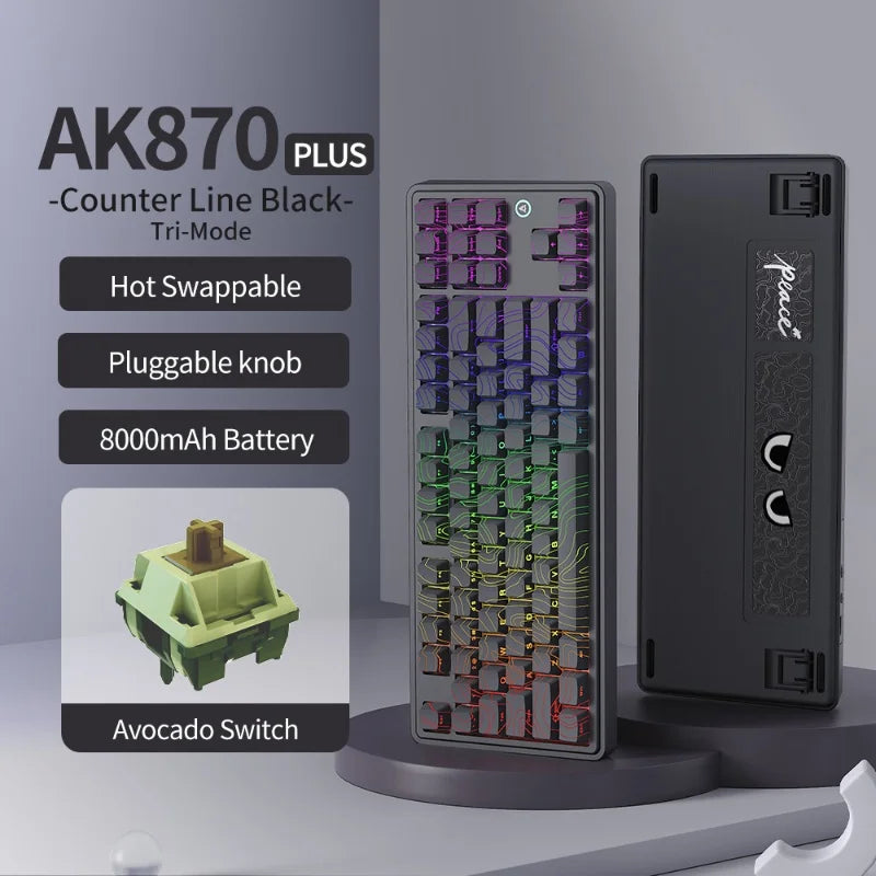 AJAZZ AK870 Plus 87-Key Wireless Mechanical Keyboard RGB Hot Swap Bluetooth Gaming Keyboard Multi-function Knob for Laptop PC