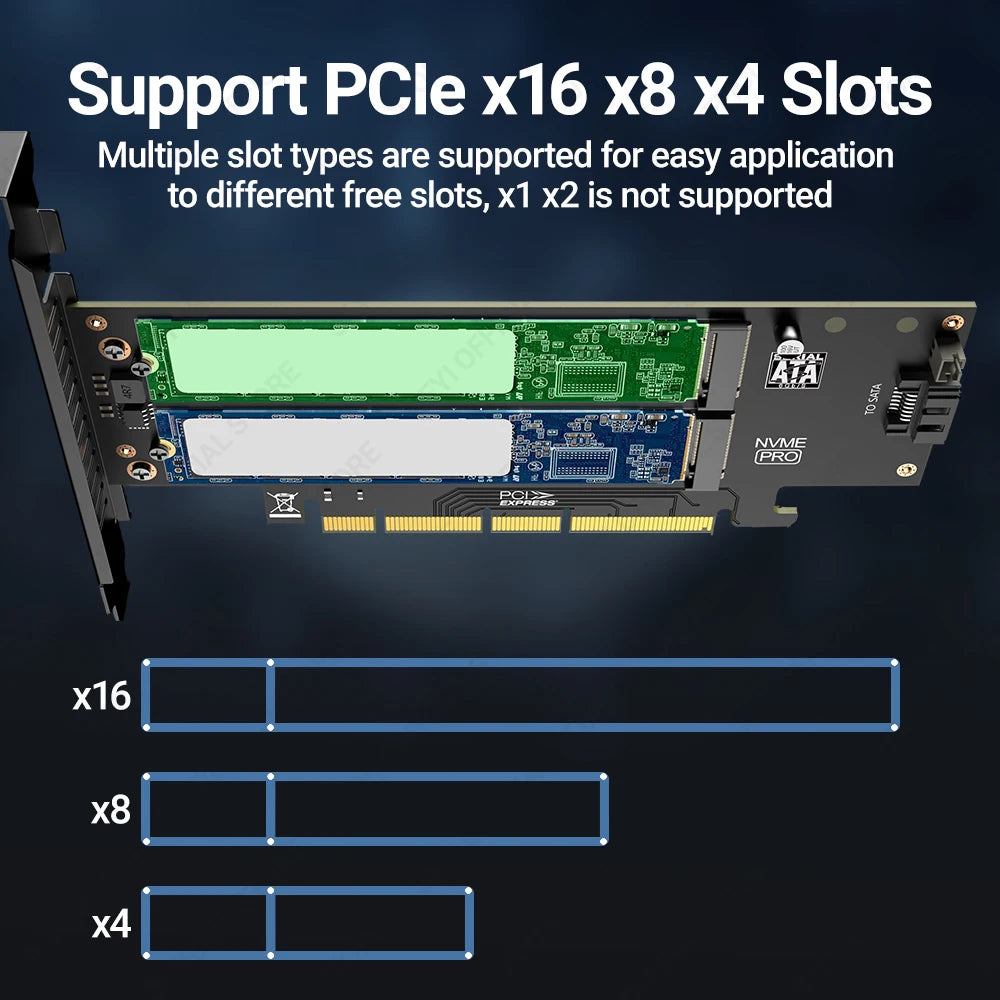 JEYI SK9 M.2 Dual PCIE 4.0 Adapter for NVMe / NGFF SSD With Turbo Fan, NVME (m Key) and SATA (b Key) SSD to PCIe x4 X8 X16 Slot