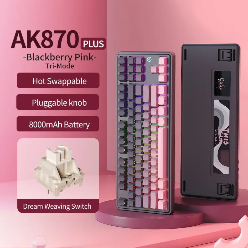 AJAZZ AK870 Plus 87-Key Wireless Mechanical Keyboard RGB Hot Swap Bluetooth Gaming Keyboard Multi-function Knob for Laptop PC