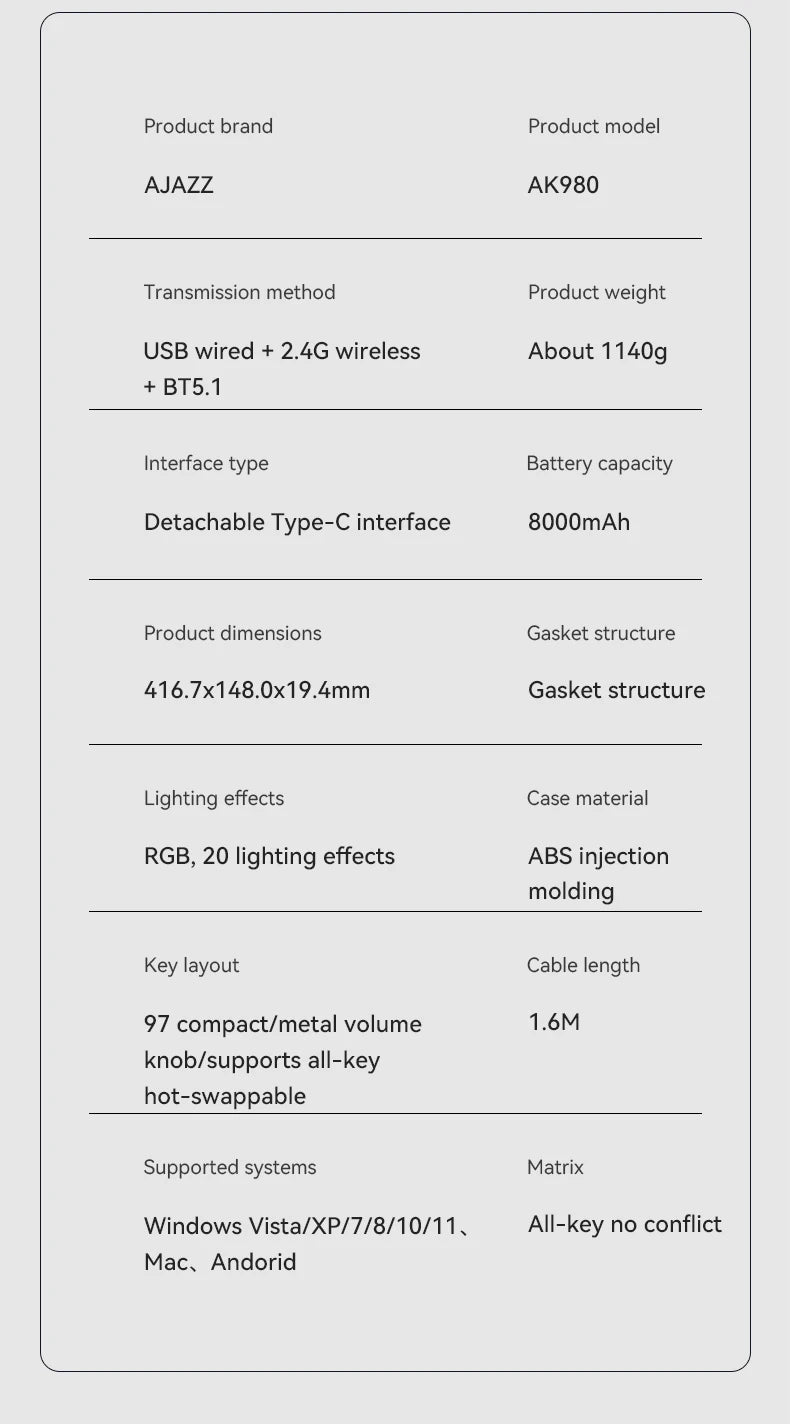 AJAZZ AK980 mechanical keyboard multifunctional knob gasket structure color screen wireless gaming keyboard PC gaming machine ac