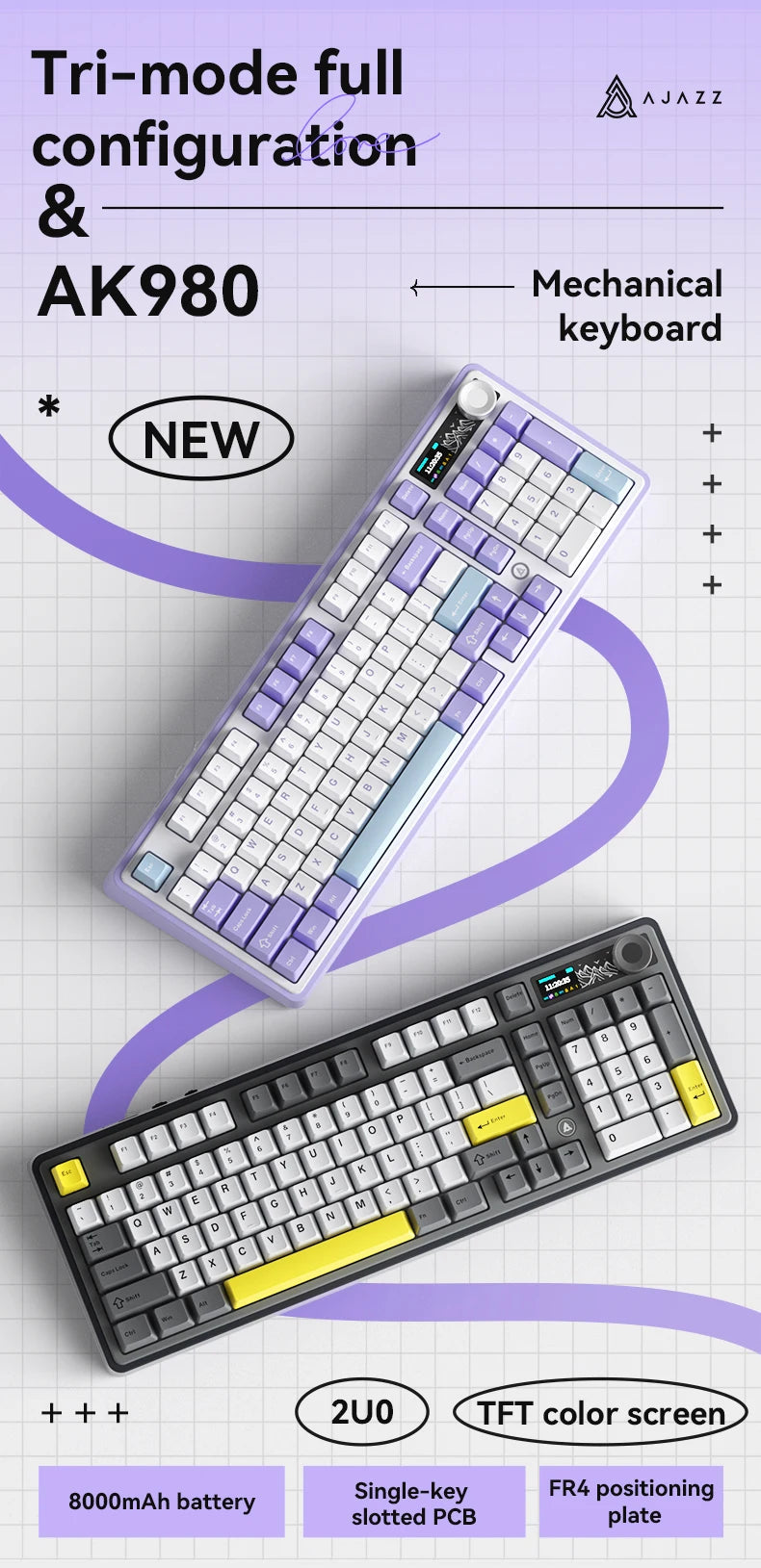 AJAZZ AK980 mechanical keyboard multifunctional knob gasket structure color screen wireless gaming keyboard PC gaming machine ac