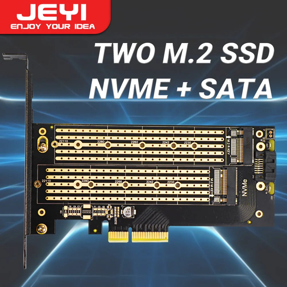 JEYI SK9 M.2 Dual PCIE 4.0 Adapter for NVMe / NGFF SSD With Turbo Fan, NVME (m Key) and SATA (b Key) SSD to PCIe x4 X8 X16 Slot
