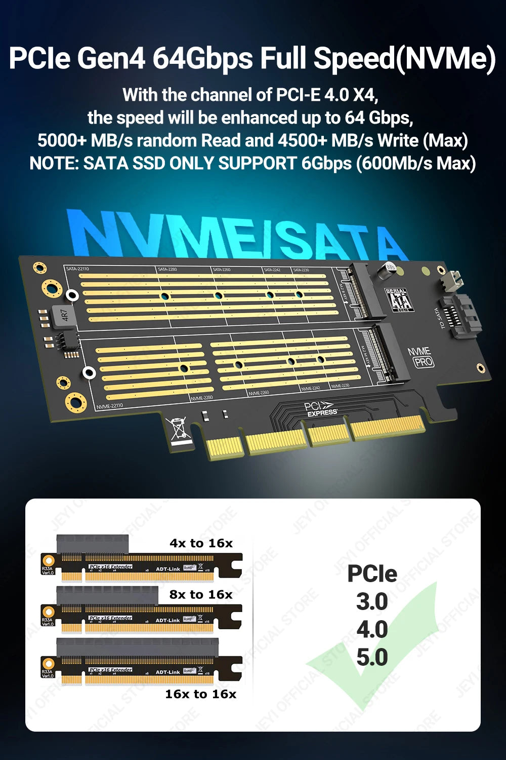JEYI SK9 M.2 Dual PCIE 4.0 Adapter for NVMe / NGFF SSD With Turbo Fan, NVME (m Key) and SATA (b Key) SSD to PCIe x4 X8 X16 Slot
