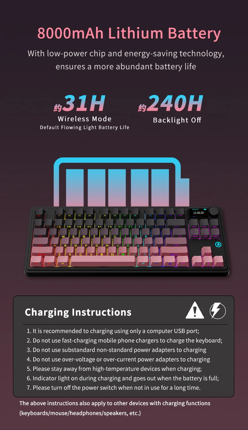 AJAZZ AK870 Plus 87-Key Wireless Mechanical Keyboard RGB Hot Swap Bluetooth Gaming Keyboard Multi-function Knob for Laptop PC