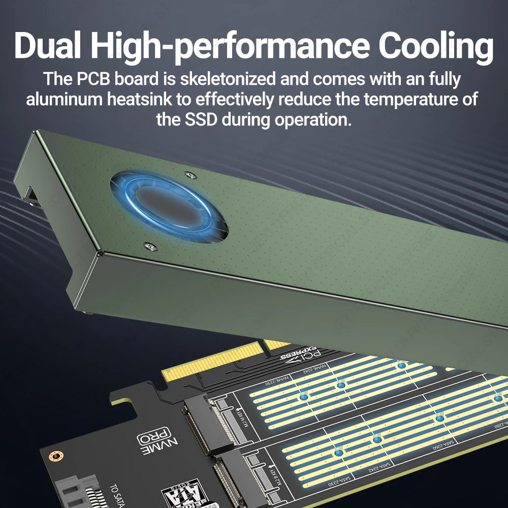 JEYI SK9 M.2 Dual PCIE 4.0 Adapter for NVMe / NGFF SSD With Turbo Fan, NVME (m Key) and SATA (b Key) SSD to PCIe x4 X8 X16 Slot