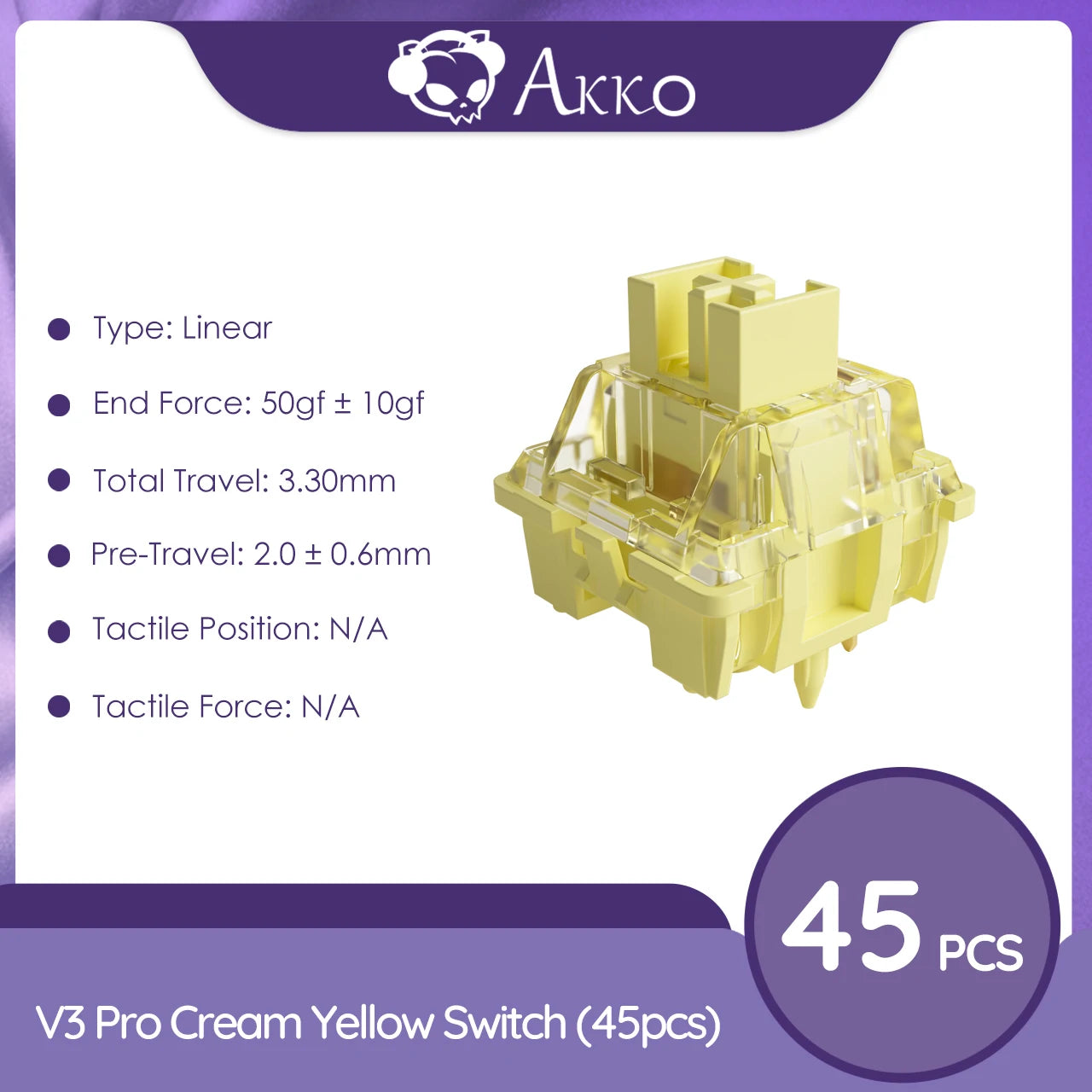 Akko V3 Cream Yellow Pro Switch 5 Pin 50gf Linear With Stable Dustproof Stem For Mx Mechanical Keyboard (45 pcs)