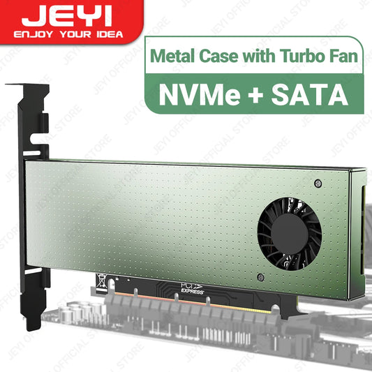 JEYI SK9 M.2 Dual PCIE 4.0 Adapter for NVMe / NGFF SSD With Turbo Fan, NVME (m Key) and SATA (b Key) SSD to PCIe x4 X8 X16 Slot