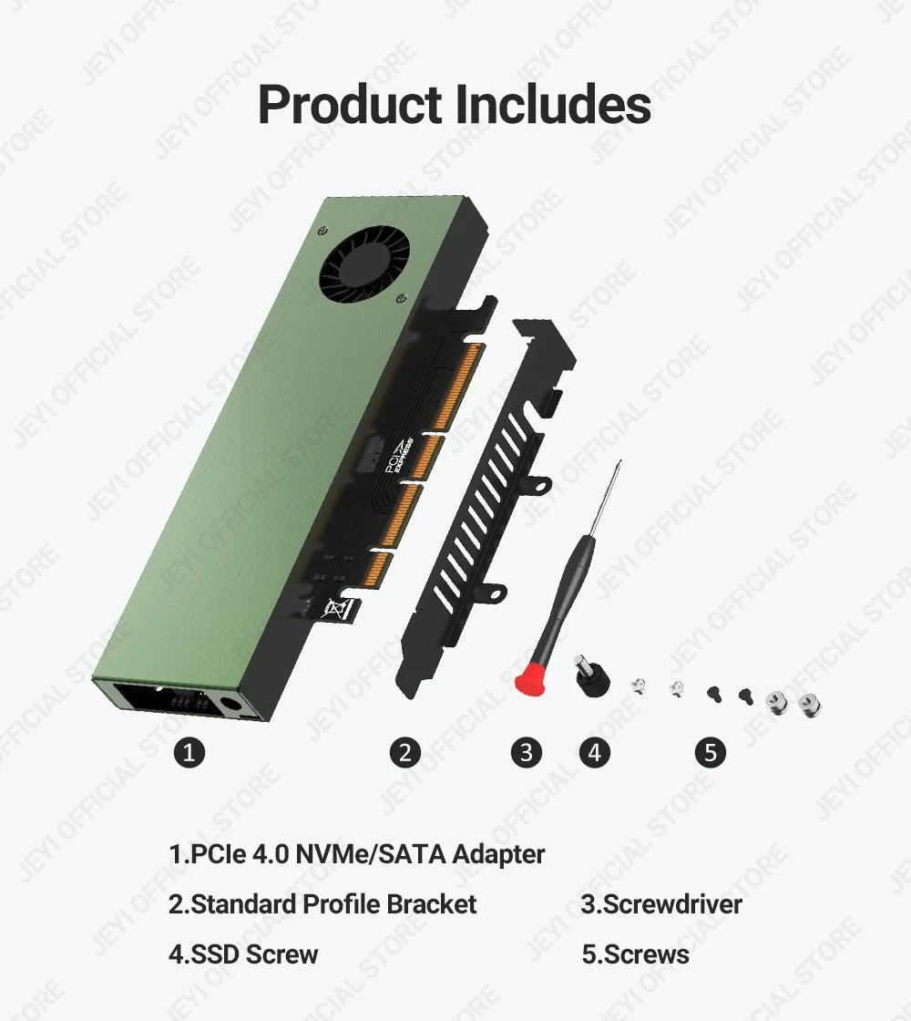 JEYI SK9 M.2 Dual PCIE 4.0 Adapter for NVMe / NGFF SSD With Turbo Fan, NVME (m Key) and SATA (b Key) SSD to PCIe x4 X8 X16 Slot