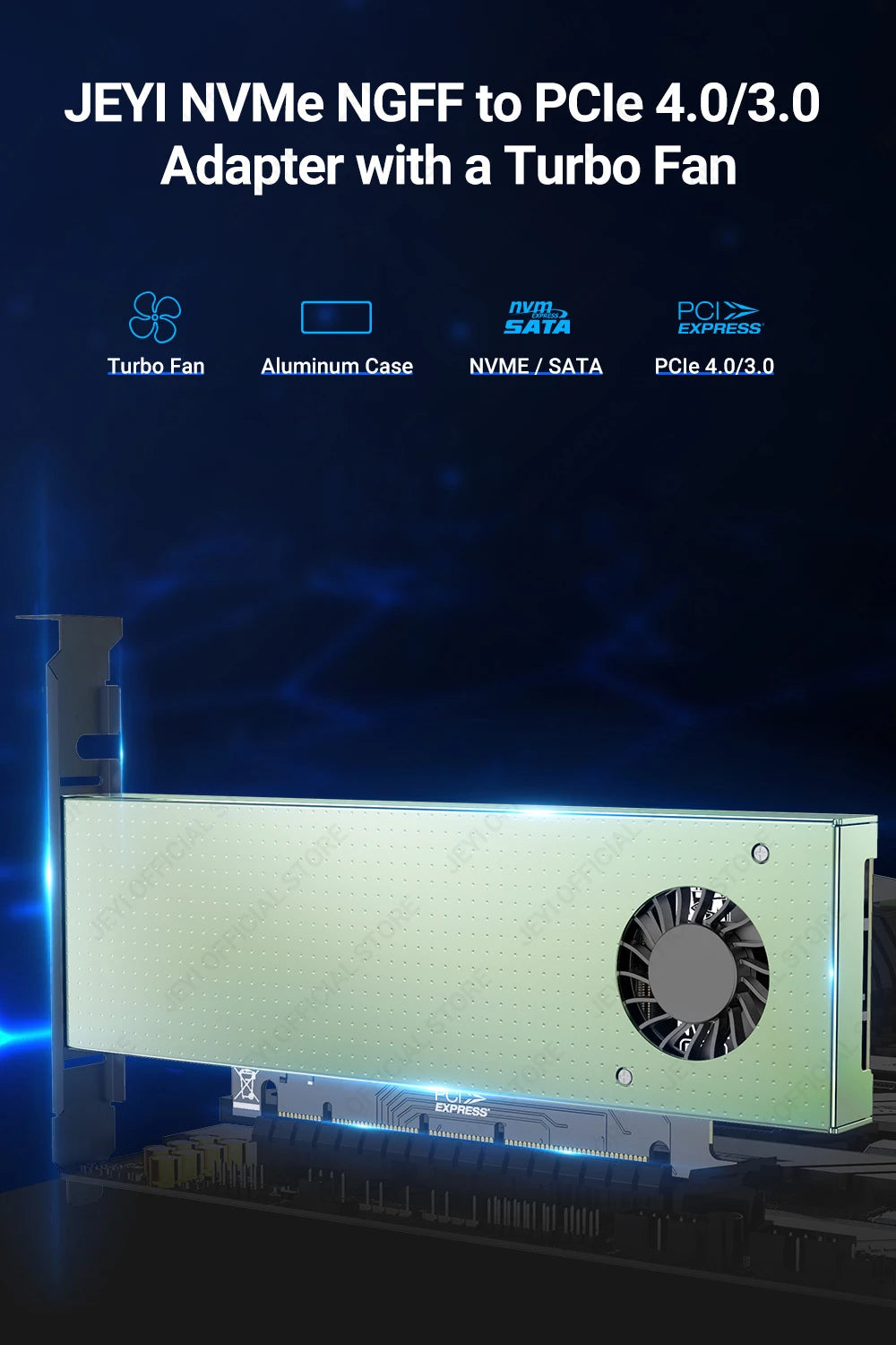 JEYI SK9 M.2 Dual PCIE 4.0 Adapter for NVMe / NGFF SSD With Turbo Fan, NVME (m Key) and SATA (b Key) SSD to PCIe x4 X8 X16 Slot