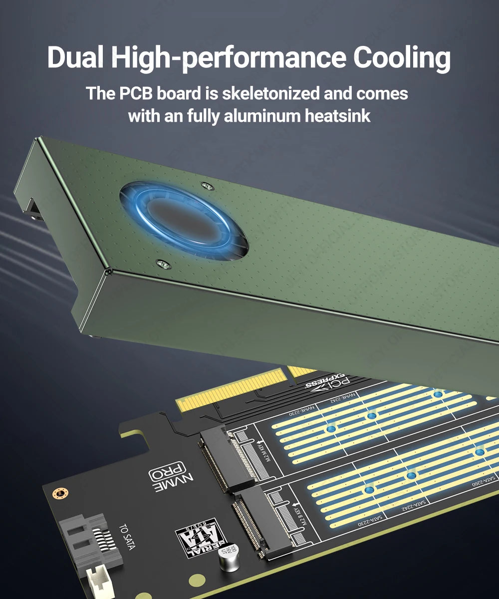 JEYI SK9 M.2 Dual PCIE 4.0 Adapter for NVMe / NGFF SSD With Turbo Fan, NVME (m Key) and SATA (b Key) SSD to PCIe x4 X8 X16 Slot