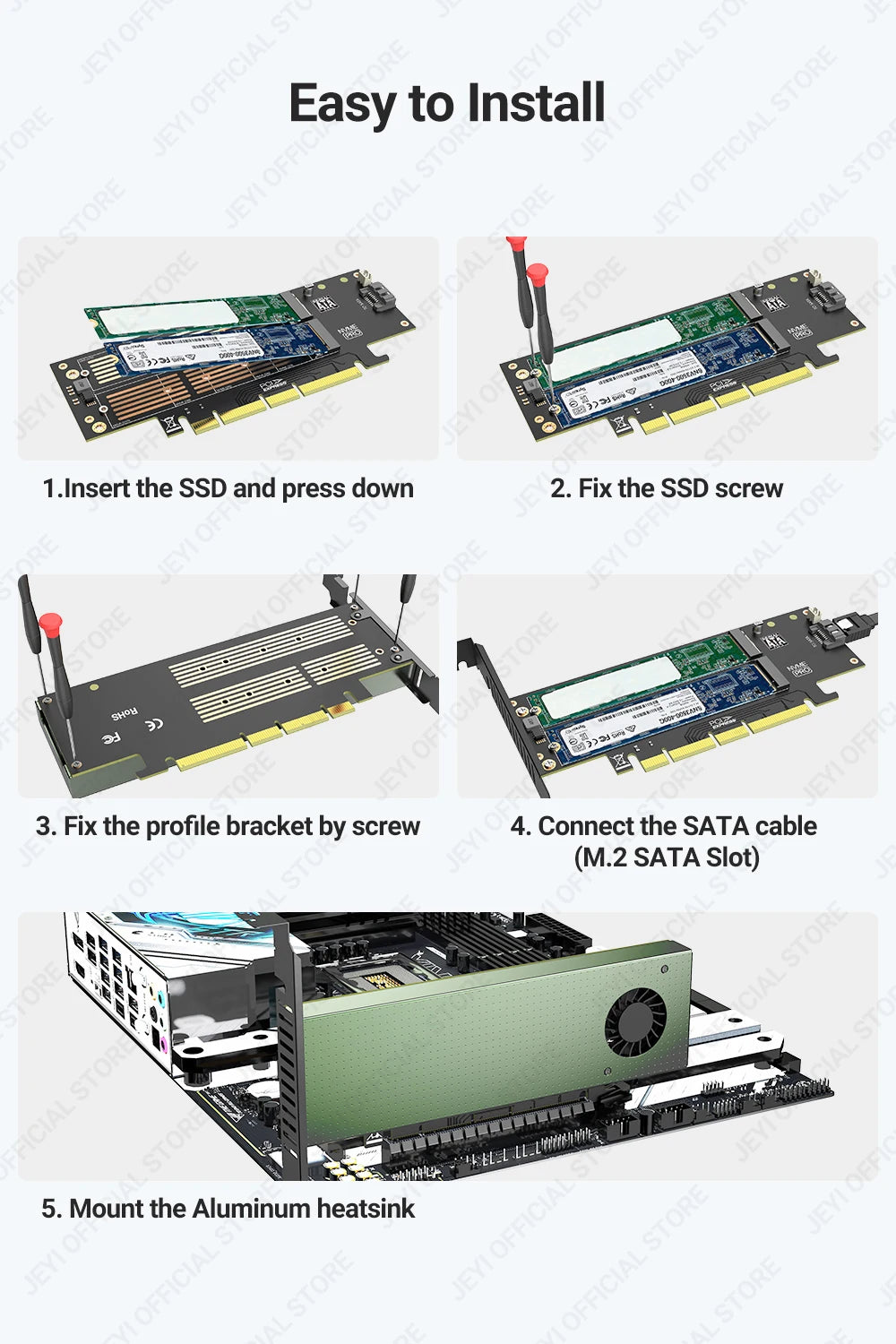 JEYI SK9 M.2 Dual PCIE 4.0 Adapter for NVMe / NGFF SSD With Turbo Fan, NVME (m Key) and SATA (b Key) SSD to PCIe x4 X8 X16 Slot